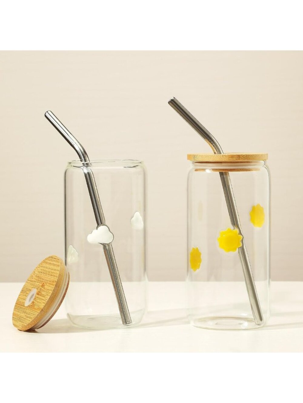 Set of 2 Cloud & Sun Icon Juice Glass Tumblers - Cute Drinkware for Home Decor